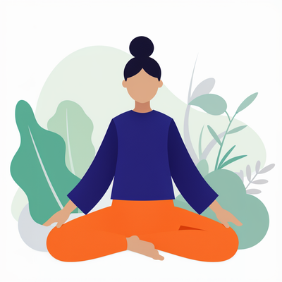 This image depicts a serene scene of a woman meditating in a cross-legged position. She is sitting peacefully with her hands resting on her knees, forming a meditation gesture (Gyan mudra). Her eyes are gently closed, and her face exudes calmness and relaxation.
She is wearing a long-sleeved dark purple top and orange pants, blending harmoniously with the natural elements around her. The background features soft, muted tones with large green leaves, subtle floral accents, and abstract shapes, creating a soothing and tranquil environment. The overall aesthetic emphasizes mindfulness and connection with nature.