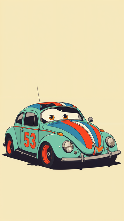 Imagine a fusion between Wheelie (the little Beetle) and the Volkswagen Beetle Herbie. The charismatic Wheelie, who already resembles a Beetle, would be merged with the iconic Herbie (the Beetle 53) from the franchise "The Love Bug". Wheels with racing tires, red and blue stripes, and the number 53. In cartoon style.