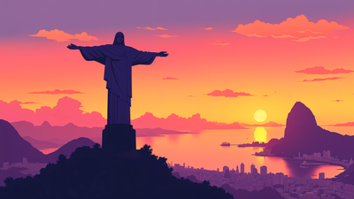 create a zest style image of christ the redeemer in "Rio de Janeiro" Brazil with guanabara bay in the background in a beautiful sunset