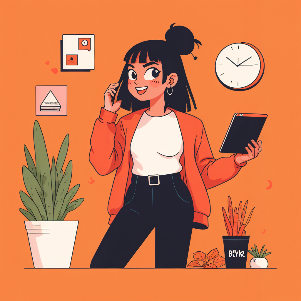 a customer on the phone who is happy with the service. make it a stylish woman.