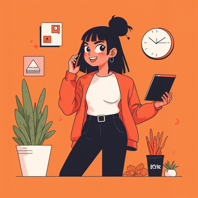 a customer on the phone who is happy with the service. make it a stylish woman.