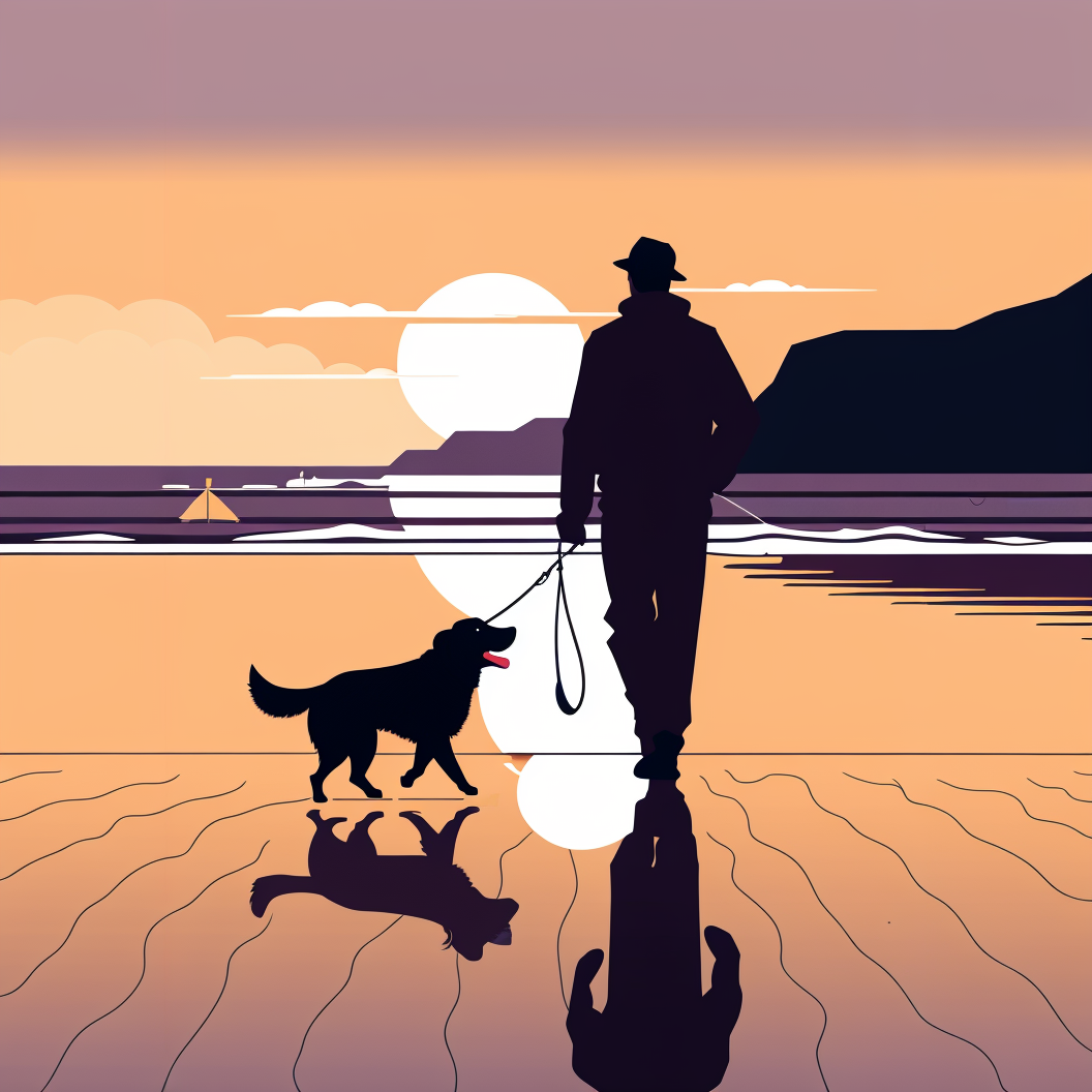 a man walking a dog on a beautiful empty beach with sunset in the background. Serene, high quality.