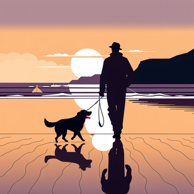 a man walking a dog on a beautiful empty beach with sunset in the background. Serene, high quality.