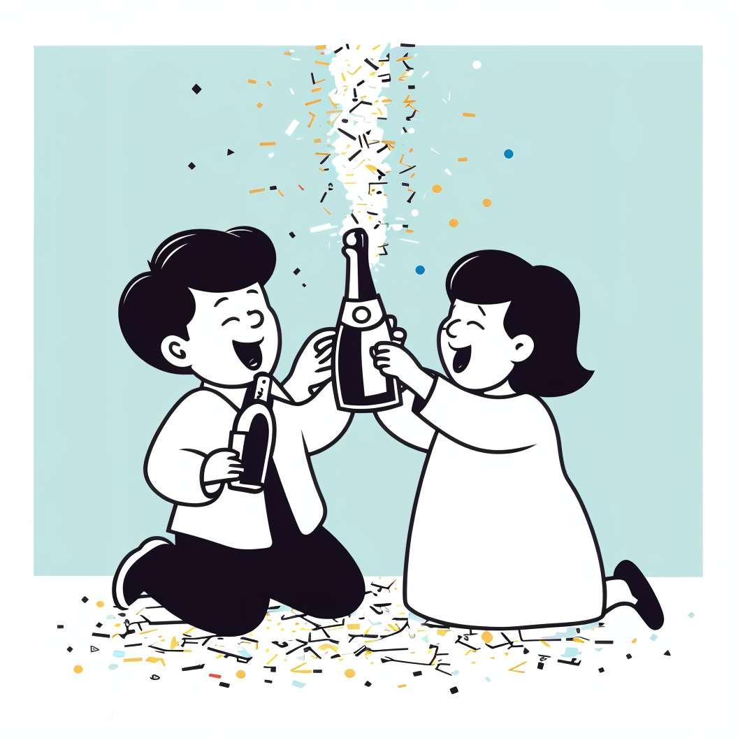 two babies popping a champagne bottle and confetti floating around