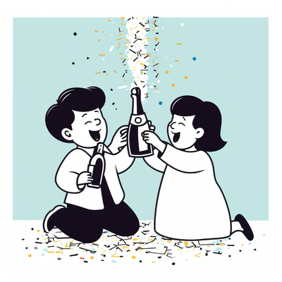 two babies popping a champagne bottle and confetti floating around