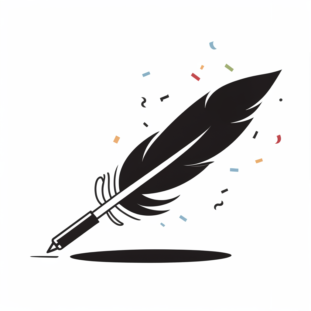 a feather pen. Around it "celebratory confetti" flying around