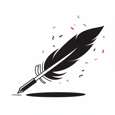 a feather pen. Around it "celebratory confetti" flying around