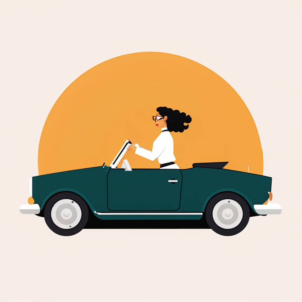 a 1980s woman driving an old classic covertible car with the roof down. Just like a quentin tarantino movie.