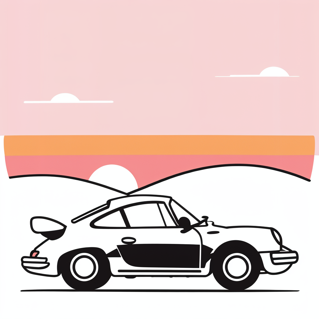 An old classic porche car riding towards the sunset. Pink skies.