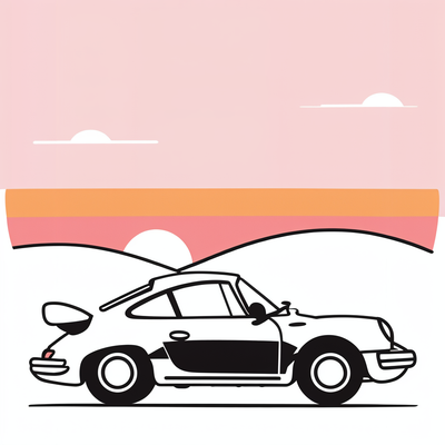 An old classic porche car riding towards the sunset. Pink skies.