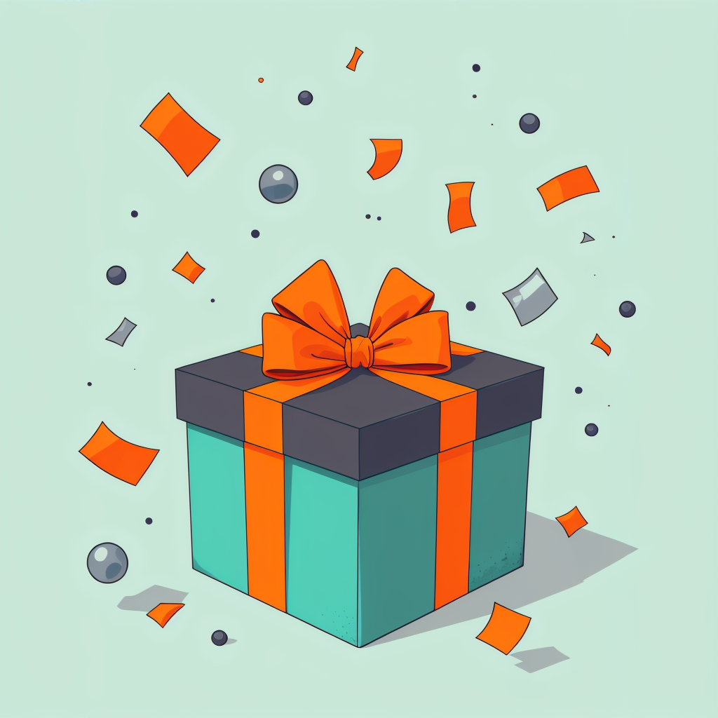a gift box being unwrapped with confetti and ribbons flying around as a celebration.