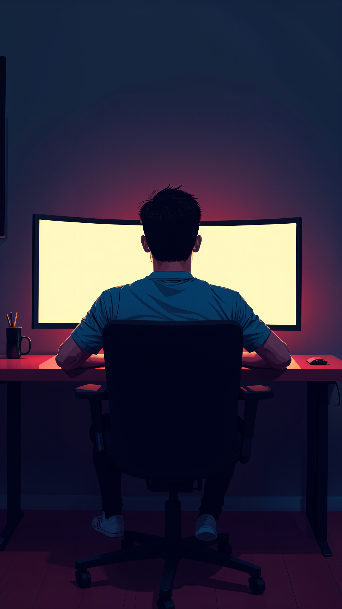 a man sitting in front of a huge curved monitor in a dark room. The man is working. The cinematic shot is from the back of the man, so only the back of his head, the back of the chair and the monitor screen is visible.