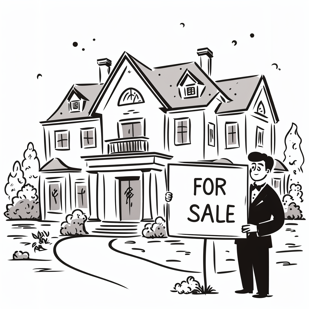 A man next to a “For Sale” sign outside a lavish home.