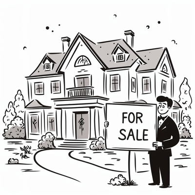 A man next to a “For Sale” sign outside a lavish home.