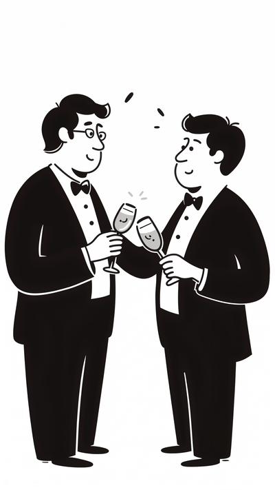 two men holding champagne glasses and talking in a party.