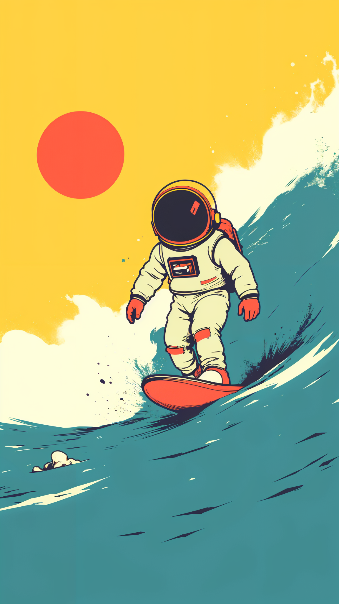 An astronaut surfing on a big wave.