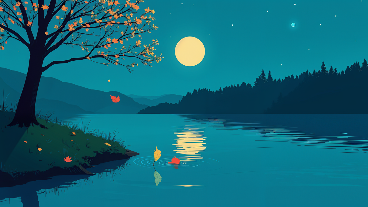 a leaf falling into a river  at night.