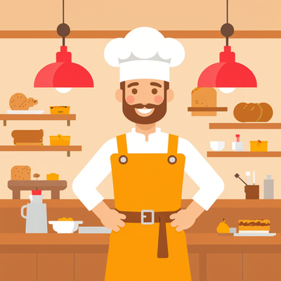 a chef in a bakery. Make it so that i get a logo for a bakery shop. Be creative. Make the chef smile.