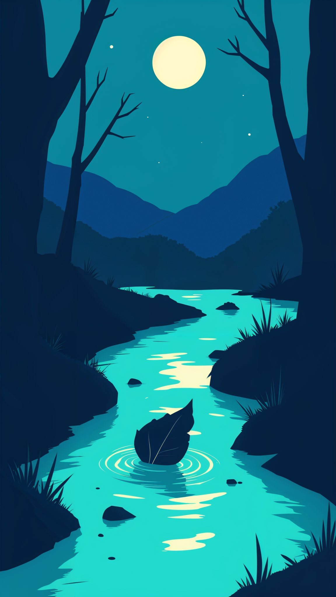 a mignight scene where we have the moon in the background. Focus is on a leaf fallen from a tree in a stream. Serene atmosphere.