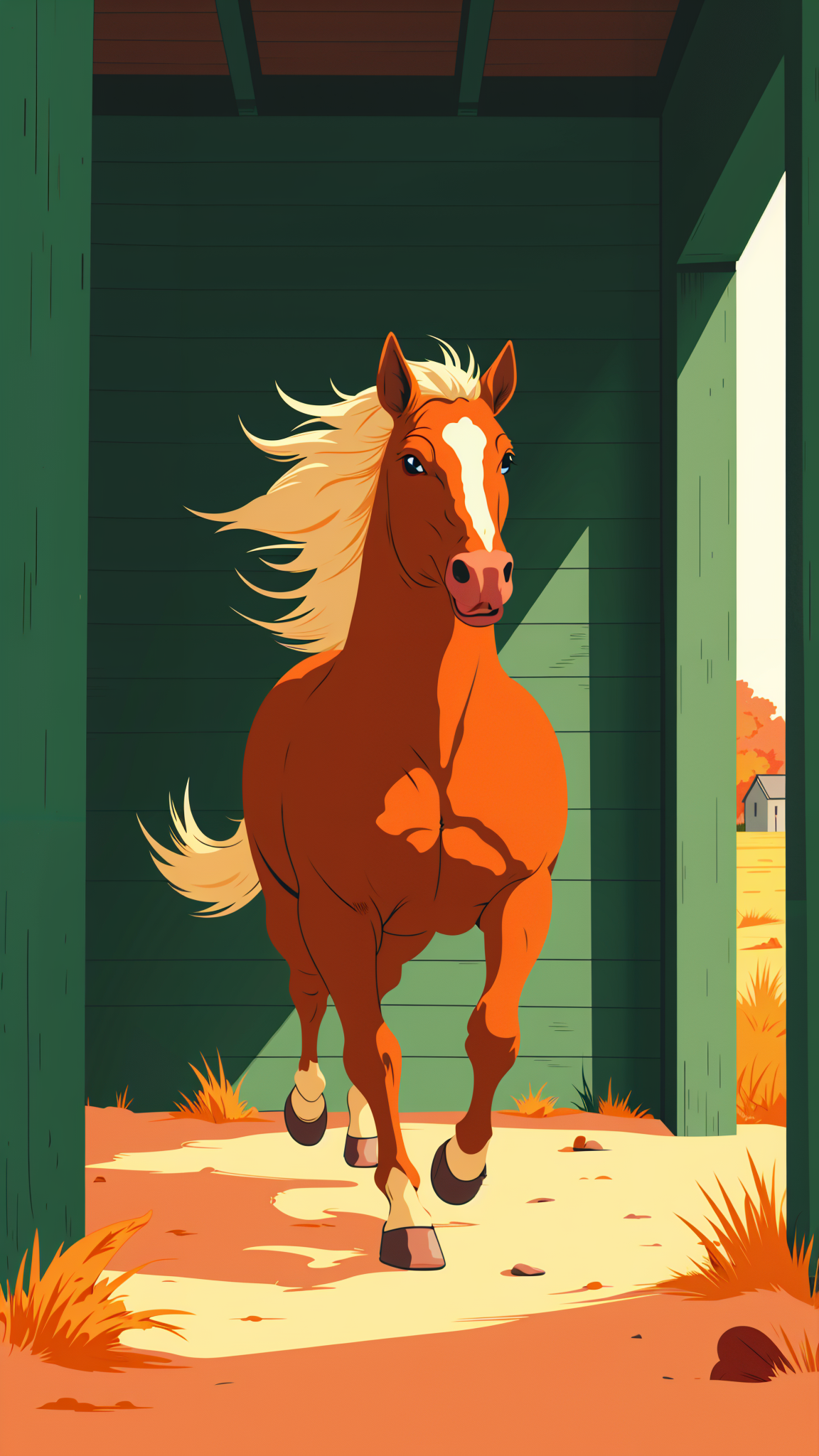 a horse riding in the barns. Focus is on the horse. Its hair flying in the wind. Show the horse from the side.
