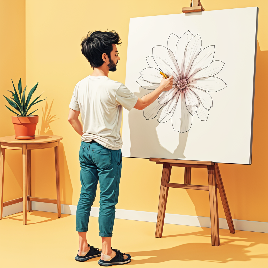 an artist tracing a picture on a canvas while standing.
