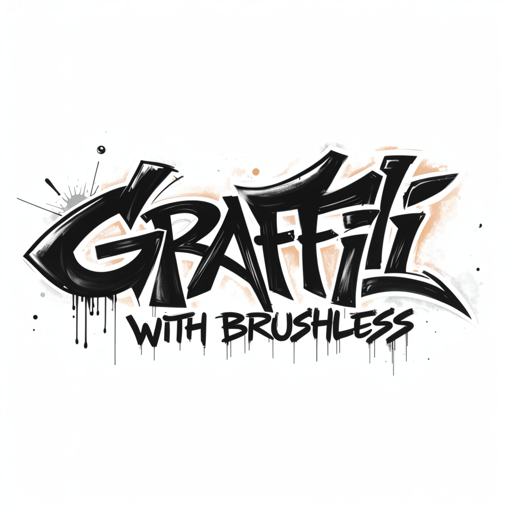 dynamic, angular letters - "Graffiti with Brushless" with slender text written in two lines. On the first line with bold and more emphasis is "Graffiti" and the second line says - "with Brushless". On a white canvas.