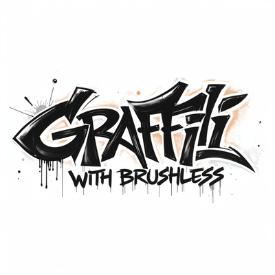 dynamic, angular letters - "Graffiti with Brushless" with slender text written in two lines. On the first line with bold and more emphasis is "Graffiti" and the second line says - "with Brushless". On a white canvas.