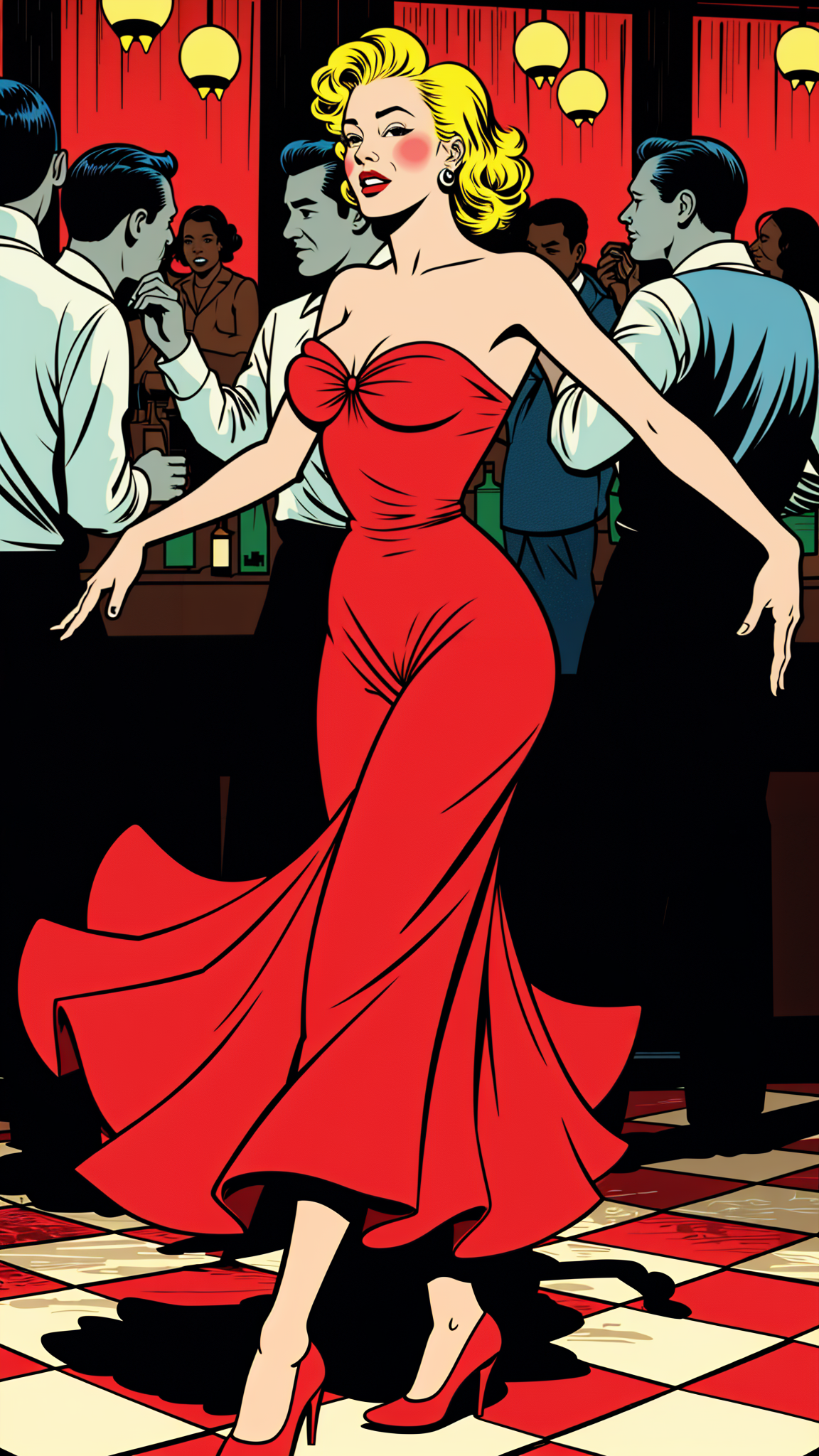 marilyn monroe dancing in a red dress in a bar