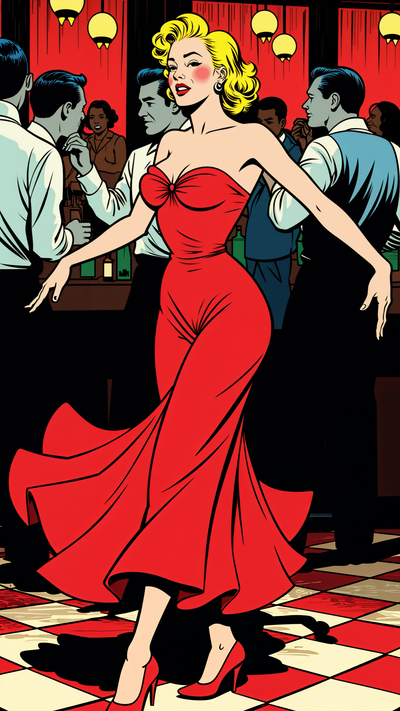 marilyn monroe dancing in a red dress in a bar