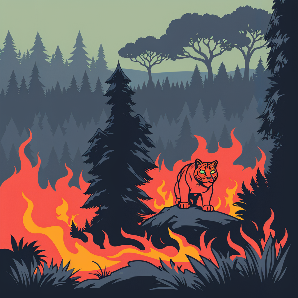 An tiger with fire and forest
