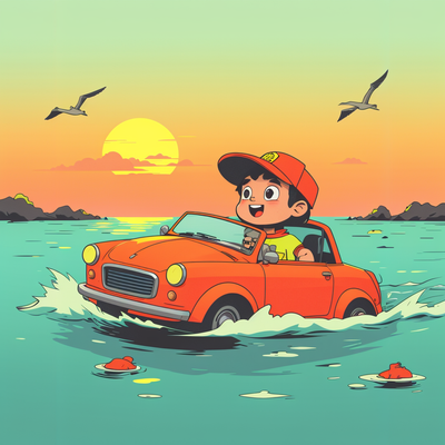 a kid driving car on sea