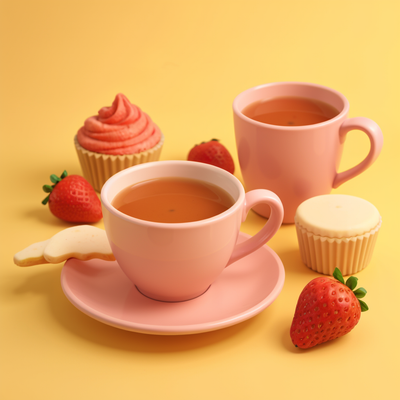 Cup of tea with cupcakes and strawberry and biscuits