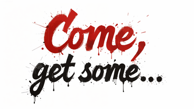 Bold italiziced text on a clean white canvas. On the first line is "Come" and on the second line with smaller font size is "get some...". Use sharp and bold colors.