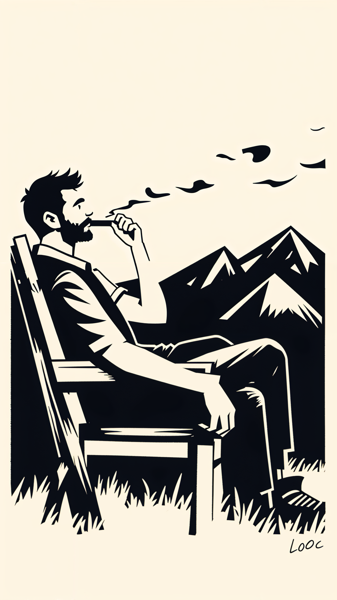 a man sitting on a chair smoking a cigar overlooking the mountains. Less colors. Focus on details,