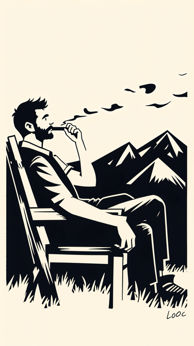 a man sitting on a chair smoking a cigar overlooking the mountains. Less colors. Focus on details,