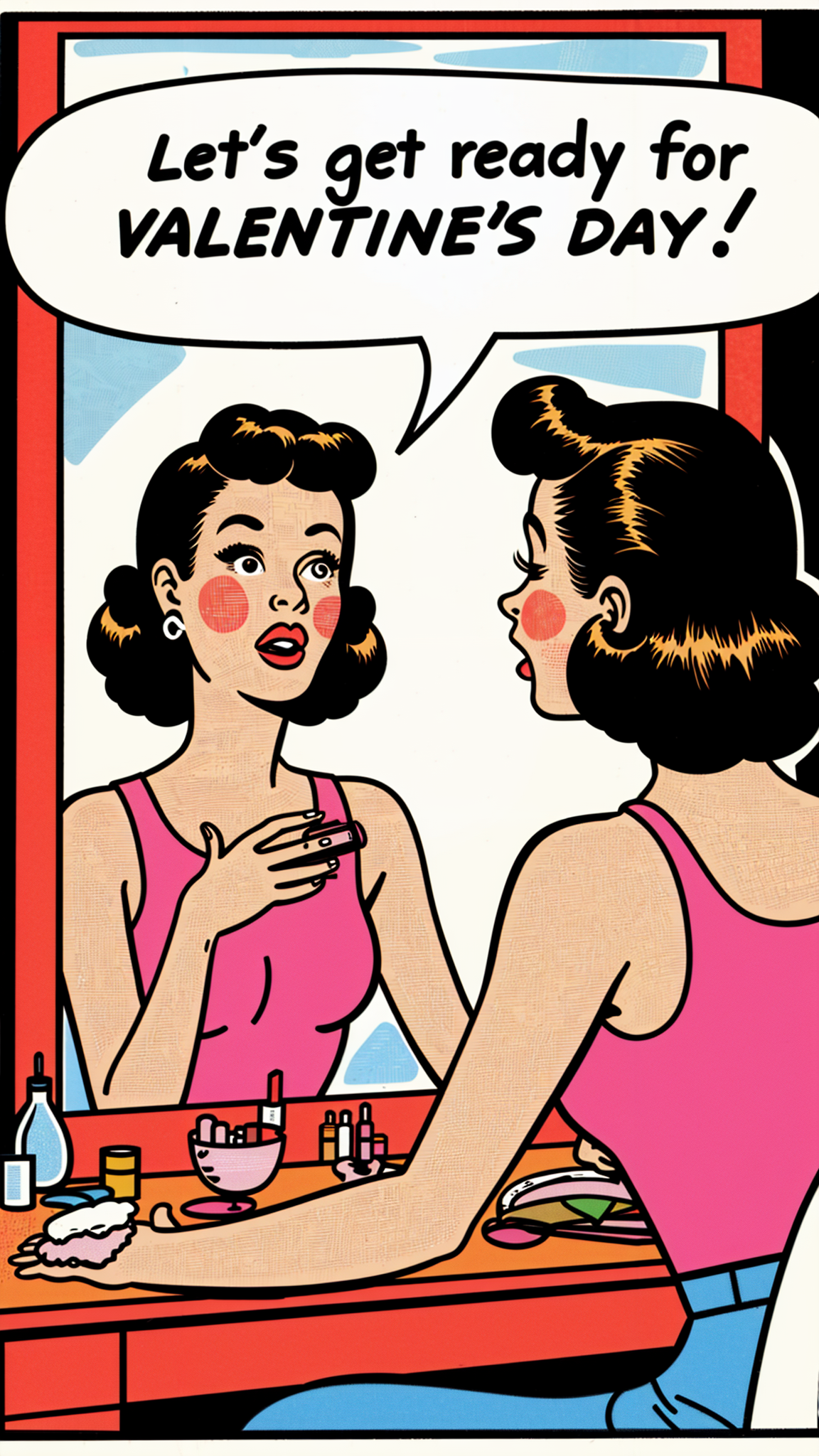 a woman doing her make-up in front of a huge mirror. A speech bubble on top of her that replicates a thought. The bubble has the words - "Let's get ready for valentines day"
