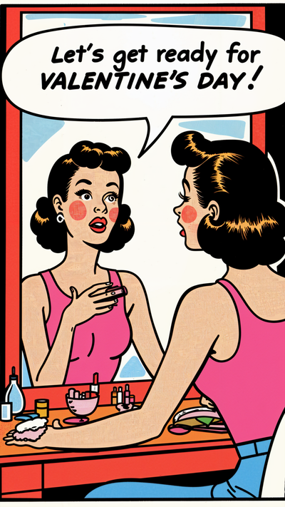 a woman doing her make-up in front of a huge mirror. A speech bubble on top of her that replicates a thought. The bubble has the words - "Let's get ready for valentines day"