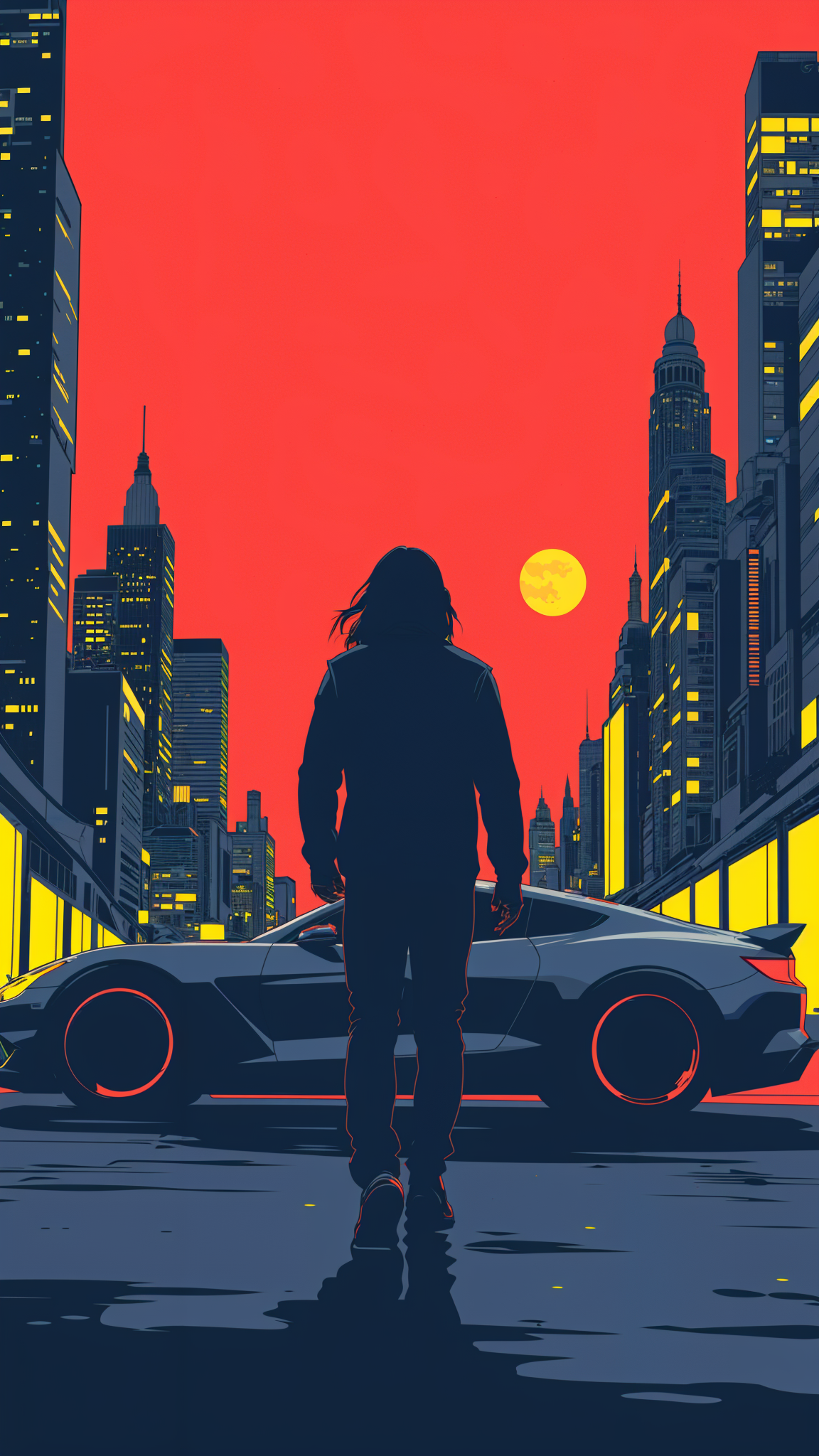 a man with long hair walking towards a futurisitc car. The shot is from the back focusing on the man's silhoutte and the car. The city landscape in the background. Make it look cinetamtic.
