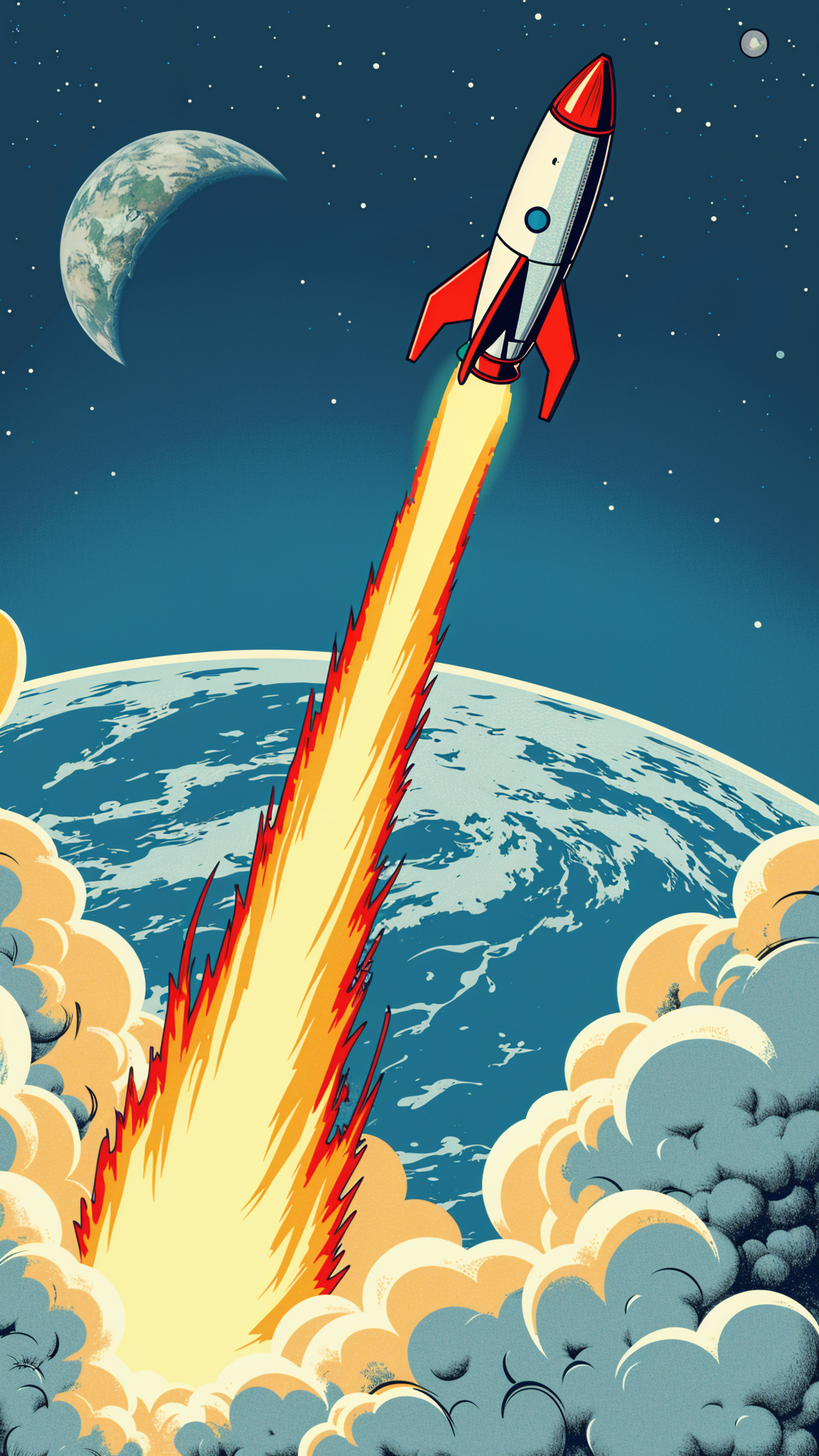 a rocket heading to space. You see the earth in the background and smoke coming out the rocket.