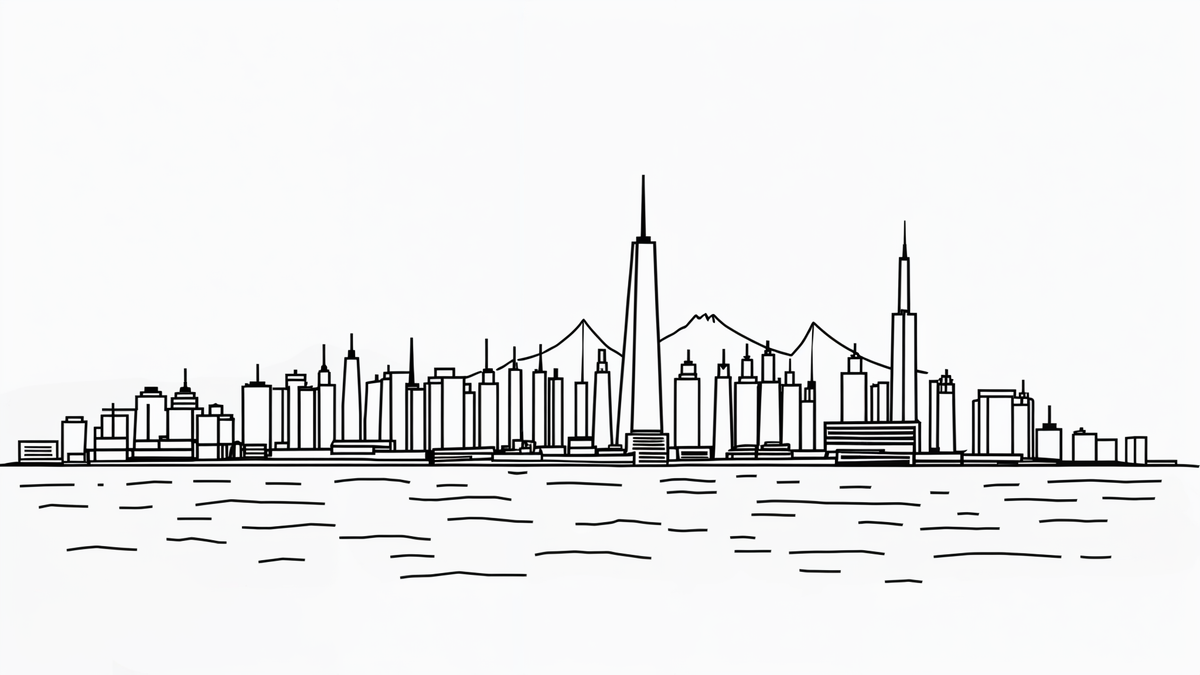 the city of hong kong with the skyline visible along with the ocean. Black and white. Focus on lines.