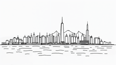 the city of hong kong with the skyline visible along with the ocean. Black and white. Focus on lines.