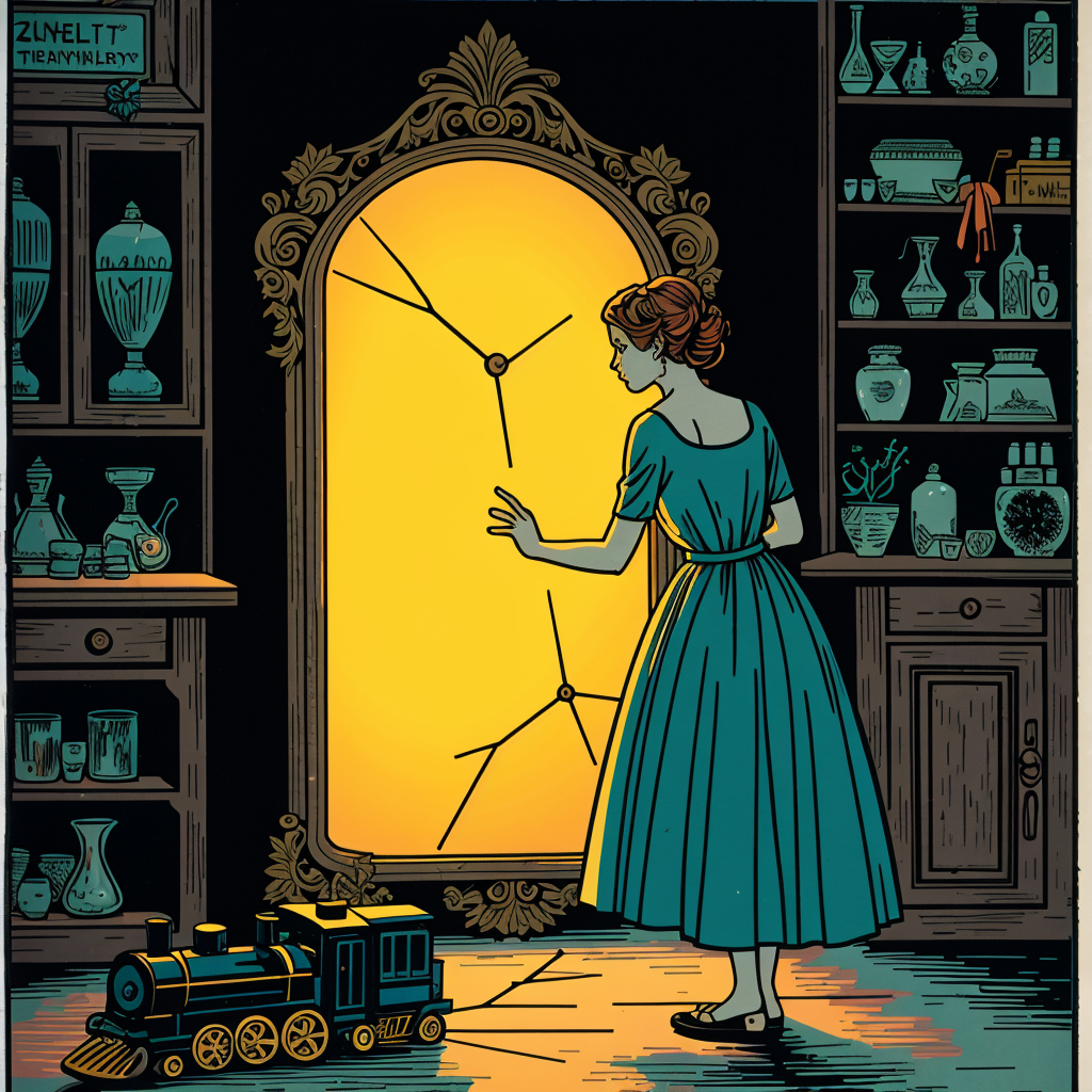 “A cracked mirror portal glowing amber, a desperate mother pressing her palm against the glass, a shadowy antique shop background, dramatic chiaroscuro lighting, ink-painting style, Tim Burton-esque whimsy, high contrast.”
Key Details: Child’s toy train on the floor near the mirror.