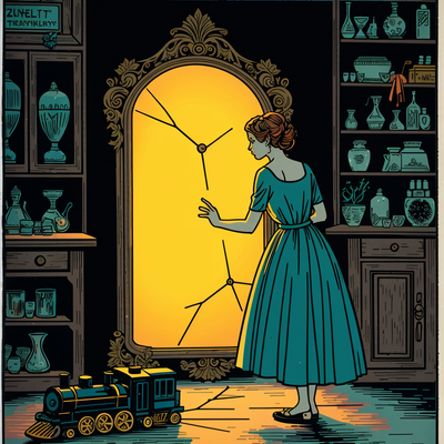 “A cracked mirror portal glowing amber, a desperate mother pressing her palm against the glass, a shadowy antique shop background, dramatic chiaroscuro lighting, ink-painting style, Tim Burton-esque whimsy, high contrast.”
Key Details: Child’s toy train on the floor near the mirror.