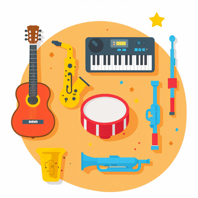 a guitar, a saxofone, a drum, a keyboard, a flute and a trumpet without people