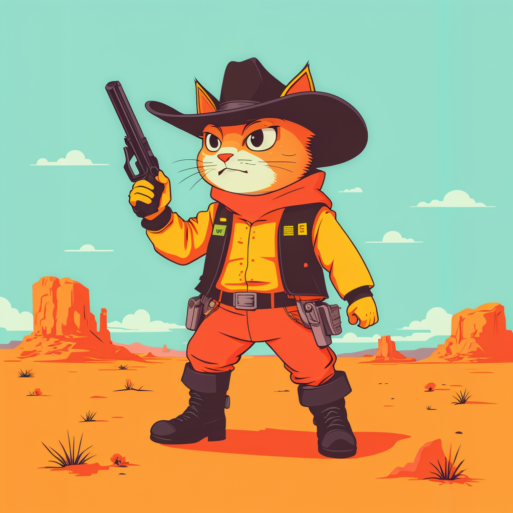 a cat in boots, with a gun and a cowboy hat