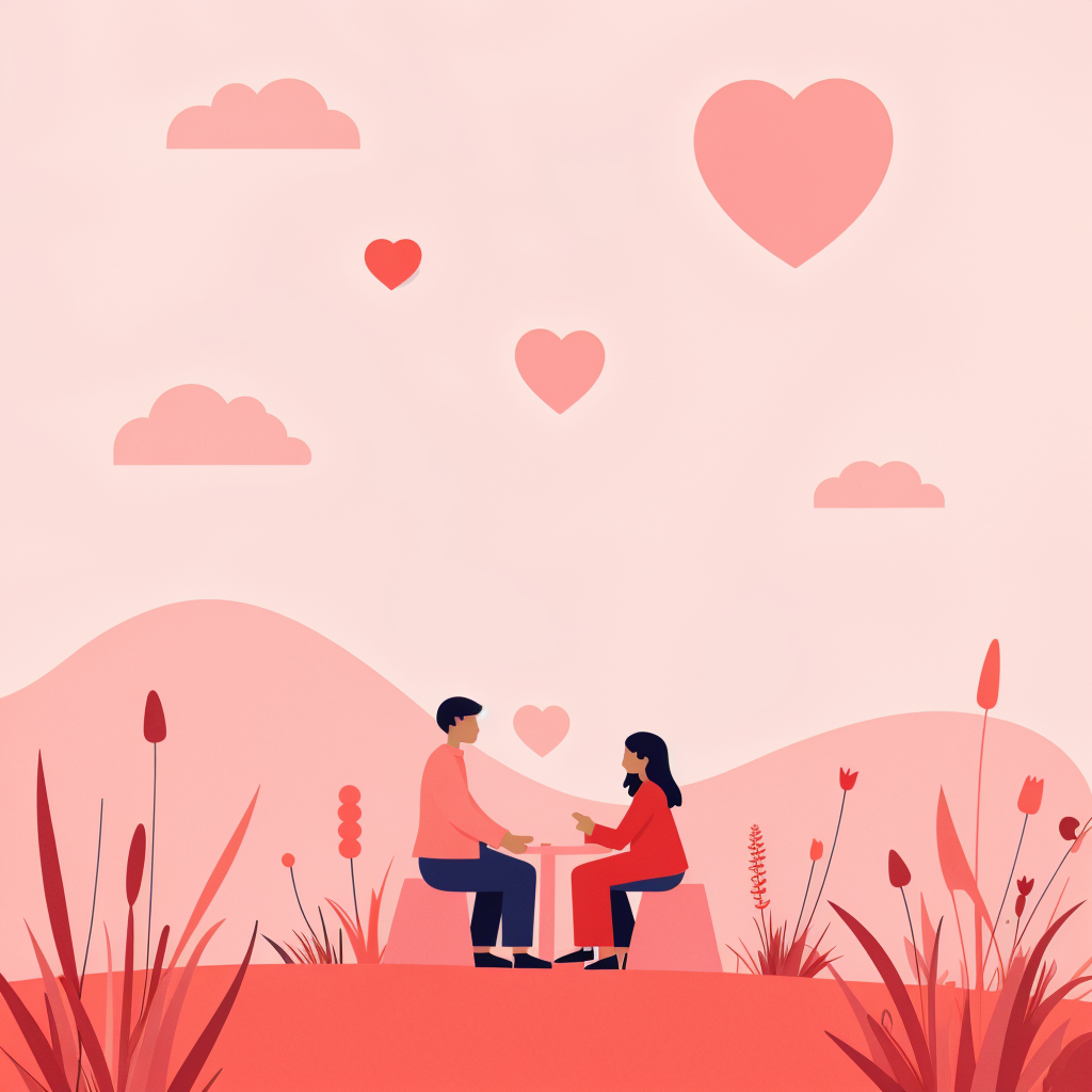 A pink heartwarming scene couple sitting at a table on a grassy hilltop under a pastel-colored sky with heart-shaped clouds. They are surrounded by wildflowers and tall grass, creating a romantic atmosphere. flat style illustration