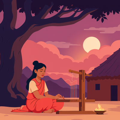 "A humble Indian village at dusk, with mud huts and oil lamps glowing warmly. Lira (young, in a faded red sari) sits cross-legged at a wooden loom under a banyan tree, weaving golden threads into a tapestry. Moonlight filters through the leaves, highlighting her determined expression. A storm brews in the distant sky.