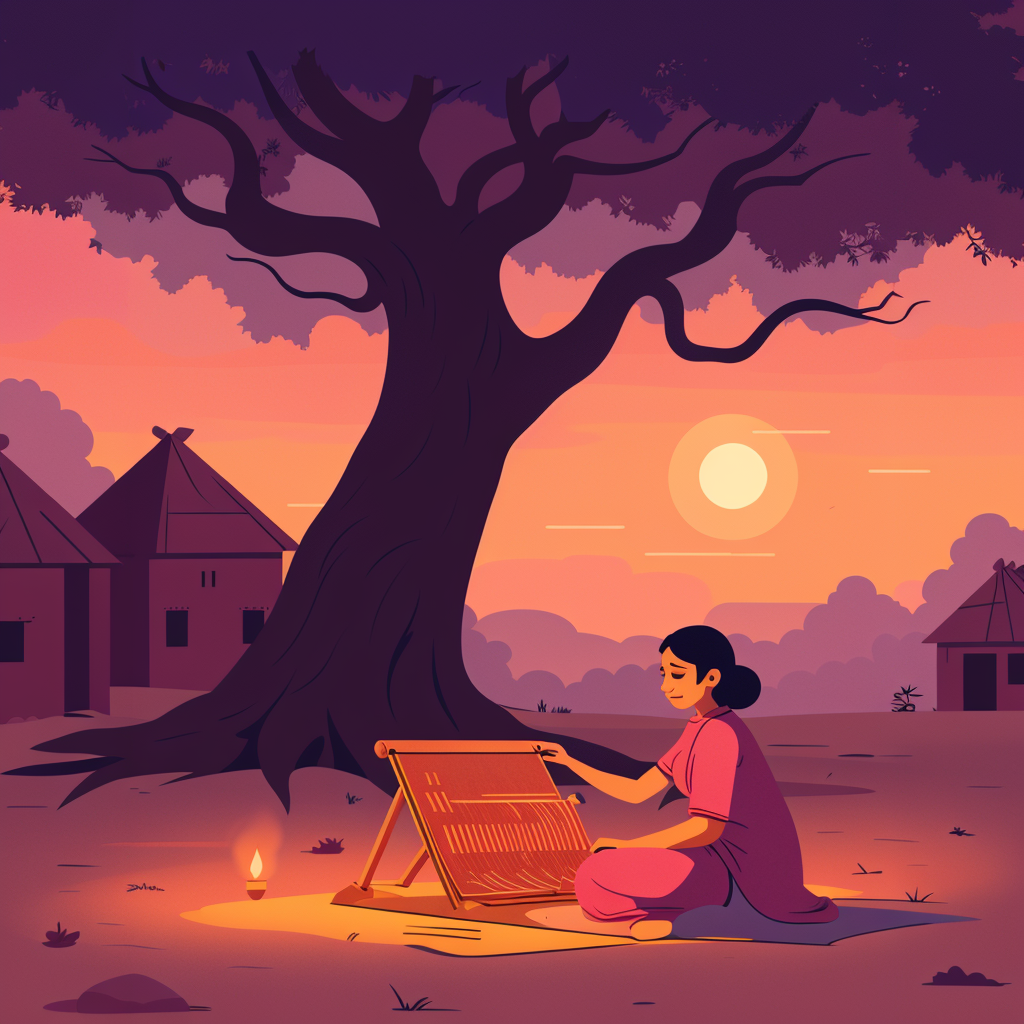"A humble Indian village at dusk, with mud huts and oil lamps glowing warmly. Lira (young, in a faded red sari) sits cross-legged at a wooden loom under a banyan tree, weaving golden threads into a tapestry. Moonlight filters through the leaves, highlighting her determined expression. A storm brews in the distant sky.