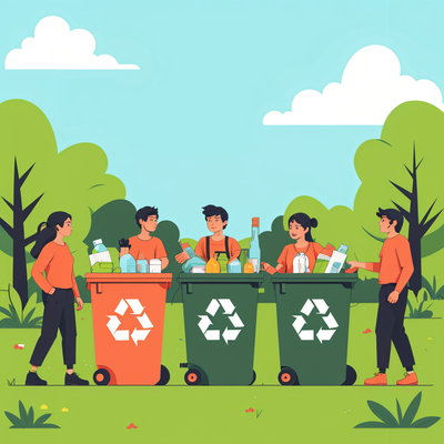 a group of people recycling