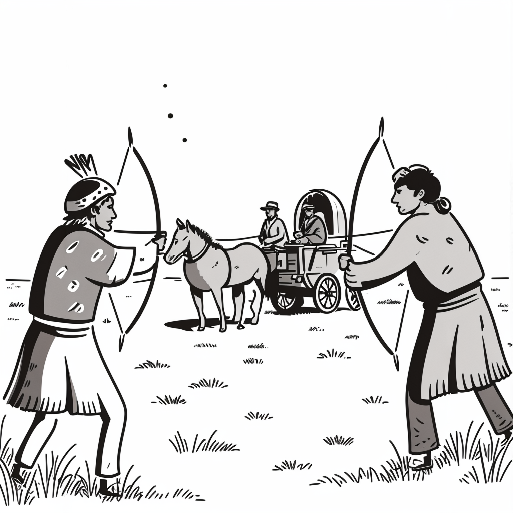 two native American's warriors shooting arrows at a wagon driven by Europeans